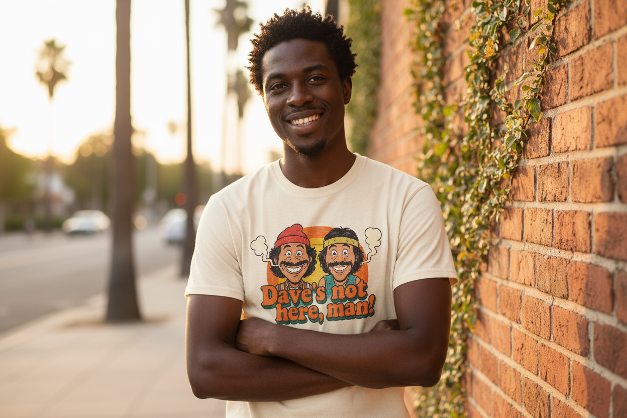 Can you put a funny cheech  and Chong t shirt on the man 